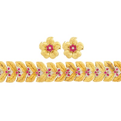 Lot 204 - Two-Color Gold, Ruby and Diamond Bracelet and Pair of Ruby and Diamond Flower Earclips