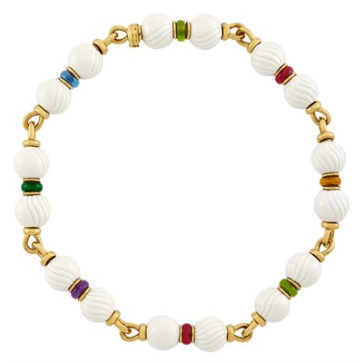 Lot 22 - Gold, White Porcelain Bead and Multicolored Stone Bead 'Chandra' Necklace, Bulgari