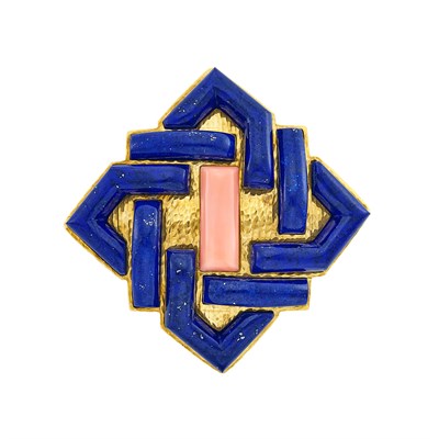 Lot 62 - Hammered Gold, Lapis and Coral Maltese Cross Pendant Clip-Brooch, David Webb