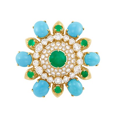 Lot 358 - Gold, Turquoise, Cabochon Emerald and Diamond Pendant-Brooch