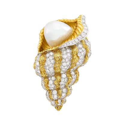 Lot 366 - Gold, Platinum, Baroque South Sea Cultured Pearl and Diamond Shell Clip-Brooch, David Webb
