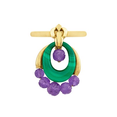 Lot 164 - Gold, Malachite and Carved Amethyst Bead Brooch, David Webb