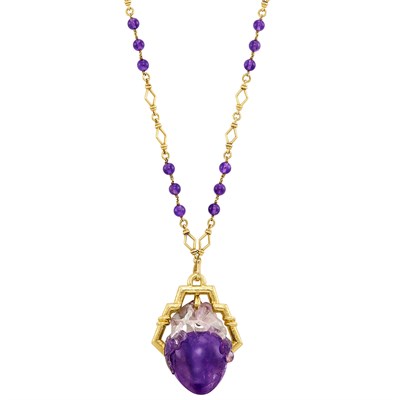 Lot 158 - Long Gold, Carved Amethyst and Amethyst Bead Pendant-Necklace, David Webb