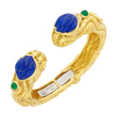 Lot 63 - Hammered Gold, Fluted Lapis and Cabochon Emerald Bangle Bracelet, David Webb