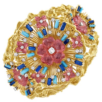 Lot 285 - Nugget Gold, Carved Pink Tourmaline, Sapphire, Turquoise and Diamond Cuff Bangle Bracelet, Spritzer & Fuhrmann