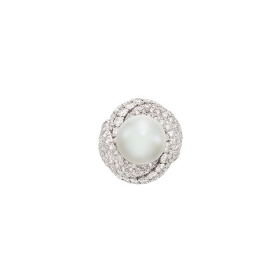 Lot 105 - Platinum, South Sea Cultured Pearl and Diamond Dome Ring, David Webb