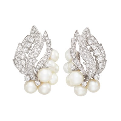 Lot 344 - Pair of Platinum, Cultured Pearl and Diamond Earclips, David Webb
