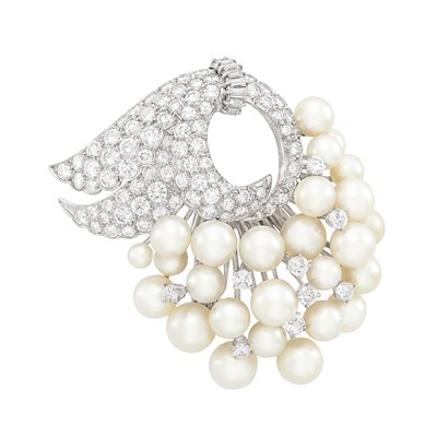Lot 342 - Platinum, Diamond and Cultured Pearl Clip-Brooch, David Webb