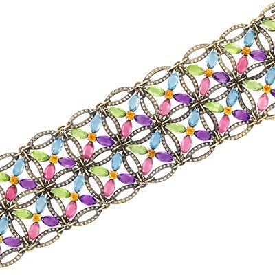 Lot 135 - Wide Silver, Gold, Gem-Set and Diamond Bracelet
