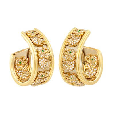 Lot 95 - Pair of Two-Color Gold, Diamond and Emerald Elephant Hoop Earclips, Cartier, France
