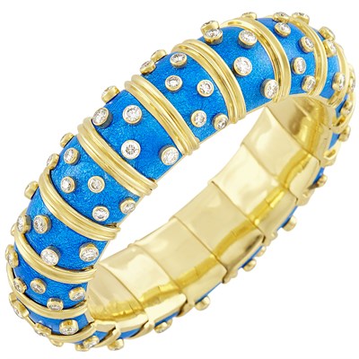 Lot 299 - Gold, Blue Paillonné Enamel and Diamond Bangle Bracelet, Tiffany & Co., Schlumberger, France