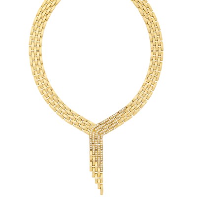 Lot 29 - Gold and Diamond 'Panther' Link Fringe Necklace, Cartier, France