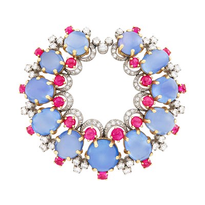 Lot 222 - Platinum, Gold, Cabochon Sapphire and Ruby and Diamond Brooch