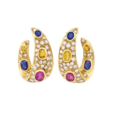 Lot 21 - Pair of Gold, Multicolored Sapphire and Diamond Hoop Earclips
