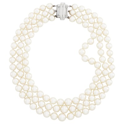 Lot 341 - Triple Strand Cultured Pearl Necklace with Platinum and Diamond Clasp