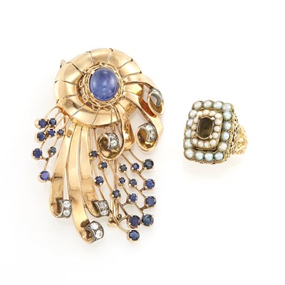 Lot 1424 - Gold, Star Sapphire, Sapphire and Diamond Spray Brooch and Gold and Pearl Ring Mounting