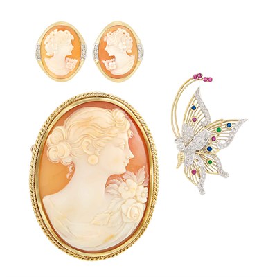 Lot 1609 - Pair of Two-Color Gold, Cameo and Diamond Earrings and Pendant-Brooch and Butterfly Pin