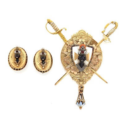 Lot 1531 - Gold and Enamel Blackamoor Brooch and Pair of Earclips