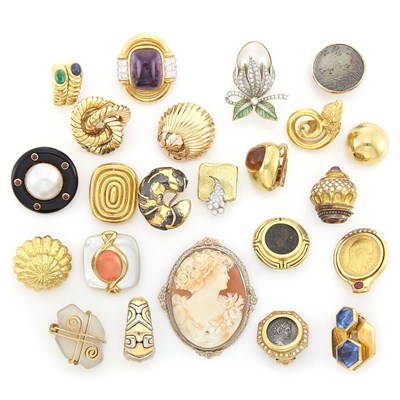Lot 1340 - Twenty-Two Gold, Silver, Metal, Diamond, Gem-Set, Simulated Stone and Coin Single Earclips and Cameo Brooch