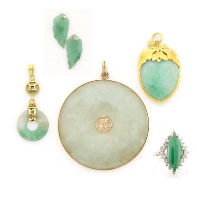 Lot 1395 - Group of Yellow and White Gold, Jade and Diamond Jewelry and Fragments