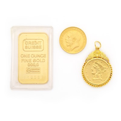 Lot 1360 - Gold Bar, Coin and Coin Pendant