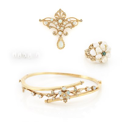 Lot 1352 - Gold and Opal Bangle Bracelet, Pendant and Freshwater Pearl Ring