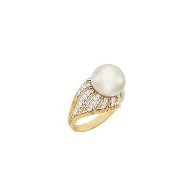 Lot 391 - Two-Color Gold, South Sea Cultured Pearl and Diamond Ring, Buccellati