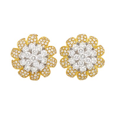Lot 373 - Pair of Gold, Platinum and Diamond Flower Earclips