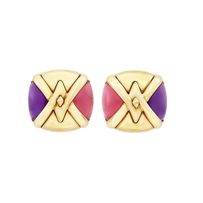 Lot 19 - Pair of Gold and Cabochon Amethyst and Pink Tourmaline Earclips, Bulgari