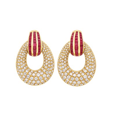 Lot 197 - Pair of Gold, Diamond and Ruby Hoop Earrings
