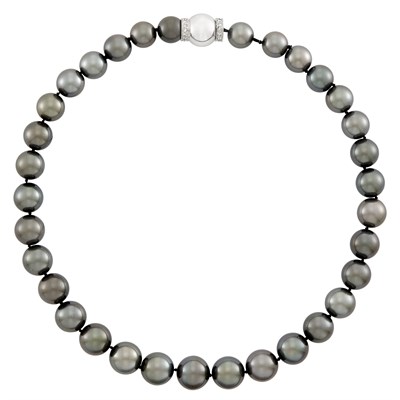 Lot 131 - Tahitian Black Cultured Pearl Necklace with White Gold and Diamond Clasp
