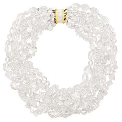 Lot 37 - Multistrand Rock Crystal, Gold and White Enamel Torsade Necklace, David Webb