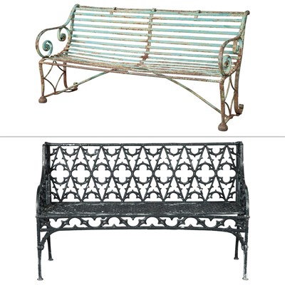 Lot 257 - Green-Painted Cast-Iron Garden Bench; Together...
