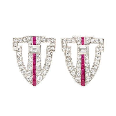 Lot 275 - Pair of Platinum, Diamond and Ruby Clips, Tiffany & Co.