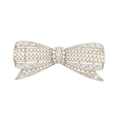 Lot 111 - Belle Époque Platinum, Seed Pearl and Diamond Bow Brooch