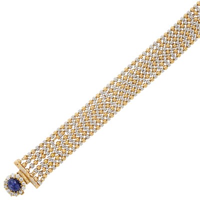 Lot 104 - Antique Six Strand Gold, Platinum, Cabochon Sapphire and Diamond Bracelet