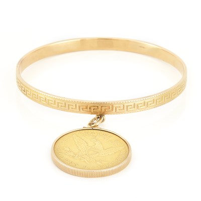 Lot 1571 - Gold and Gold Coin Charm Greek Key Bangle Bracelet