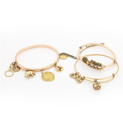 Lot 327 - Two Low Karat Gold and Gold-Filled Antique Bangle Bracelets and Crossover Bangle Bracelet