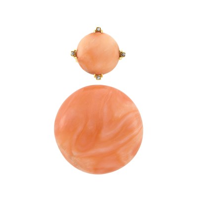 Lot 293 - Antique Coral Brooch and Gold, Coral and Diamond Pin