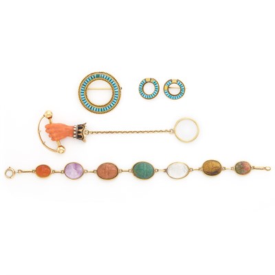 Lot 320 - Group of Gold, Enamel, Hardstone, Turquoise and Coral Jewelry