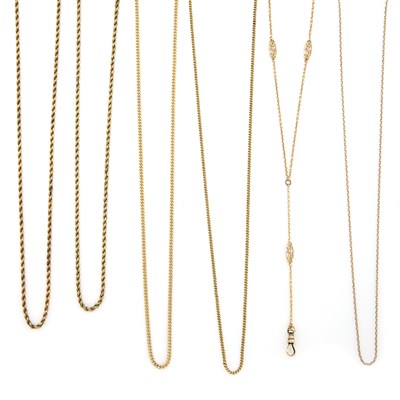 Lot 1413 - Six Gold, Low Karat Gold and Metal Chains