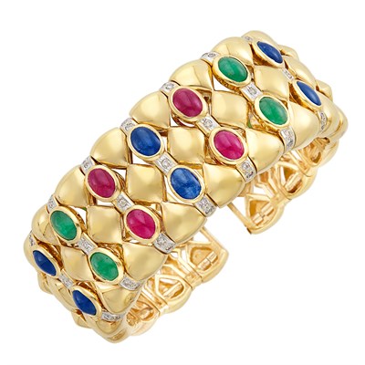 Lot 45 - Gold, Cabochon Colored Stone and Diamond Cuff Bracelet