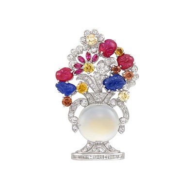 Lot 223 - Platinum, Moonstone, Diamond, Colored Diamond, Ruby and Carved Ruby and Sapphire 'Tutti Frutti' Pin