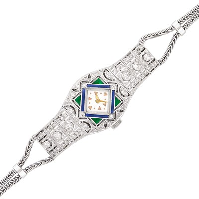 Lot 1666 - Platinum, Diamond and Gem-Set Dress Watch