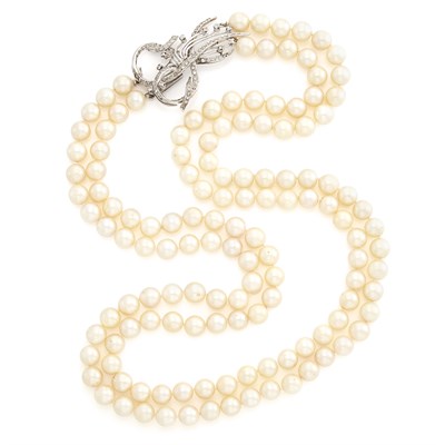 Lot 1155 - Double Strand Cultured Pearl Necklace with White Gold and Diamond Clasp