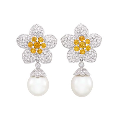 Lot 87 - Pair of White Gold, Orange Sapphire, Diamond and South Sea Cultured Pearl Pendant-Earclips