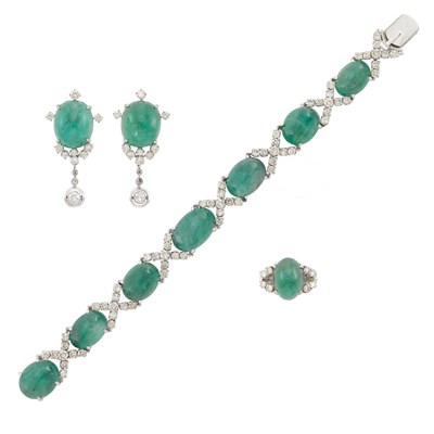 Lot 1124 - White Gold, Cabochon Emerald and Diamond Bracelet, Ring and Pair of Earclips