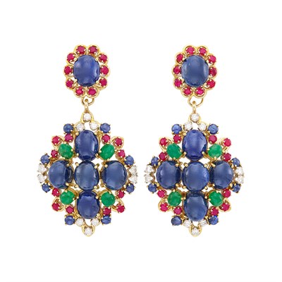 Lot 1577 - Pair of Gold, Cabochon Sapphire and Multicolored and Diamond Pendant-Earclips