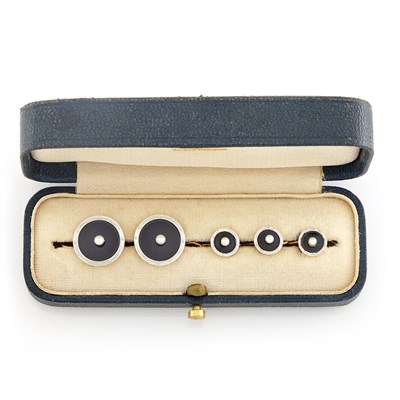 Lot 1356 - Two Gold, Platinum, Black Onyx and Seed Pearl Buttons and Three Studs