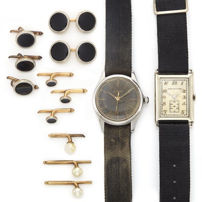 Lot 1371 - Two Stainless Steel and Metal Wristwatches, Gubelin and Golay Fils & Stahl, Two-Color Gold and Black Onyx Dress Set and Studs